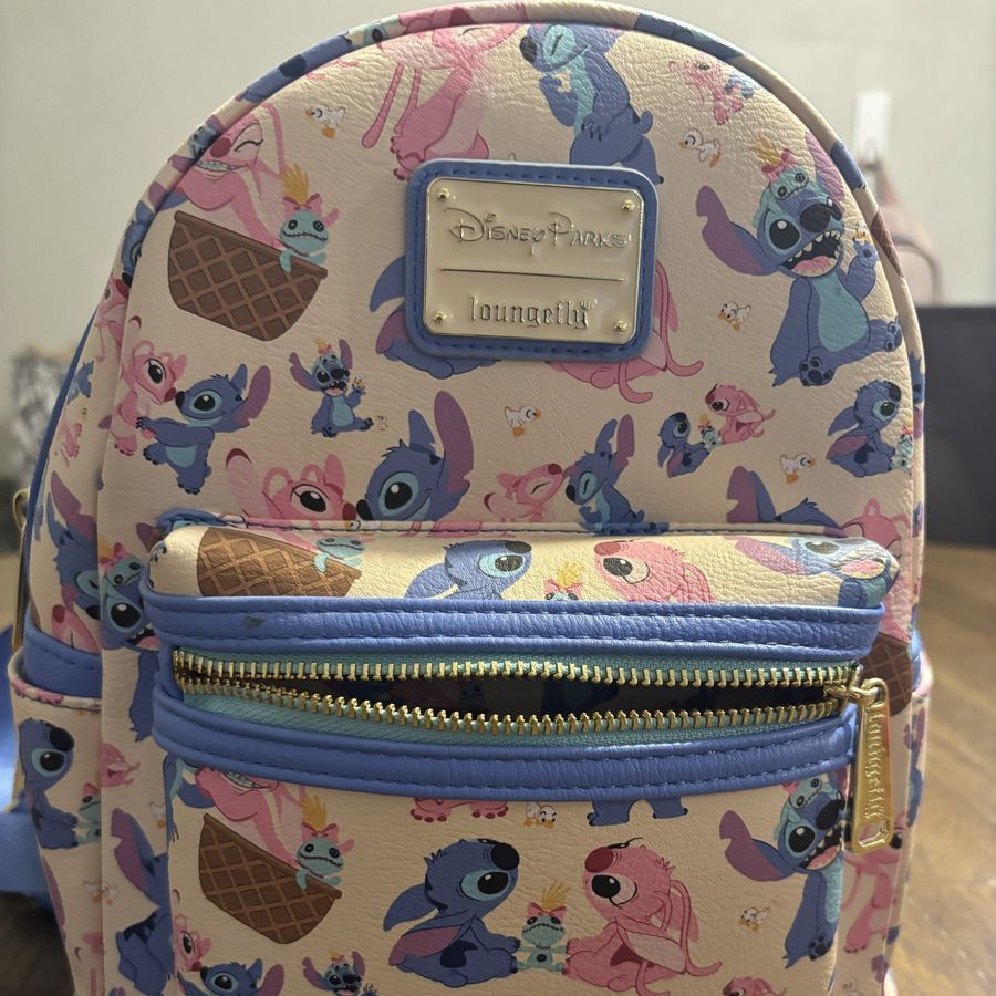 Disney Parks Loungefly Stitch & Angel Mini Backpack - Cream/Blue/Pink