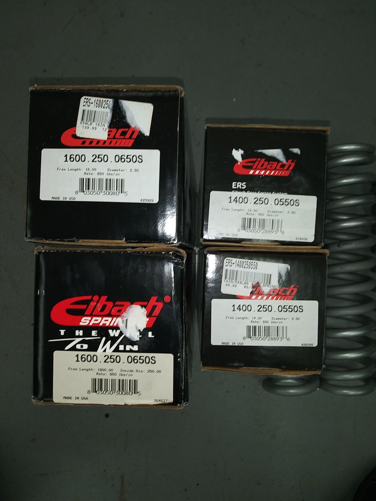 Eibach Coil over Spring Sets, 16x2.5x650lbs and 14x2.5x550lbs