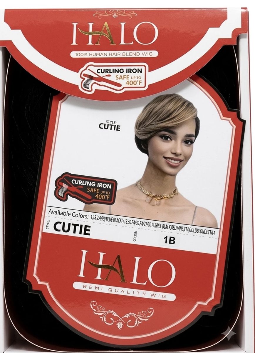 Halo Remi Quality 100% Human Hair Blend Wig - Style: Cutie - Color: 1B Off Black