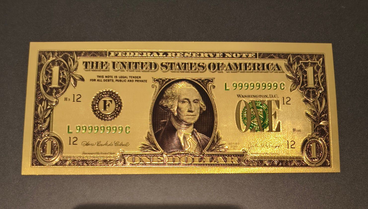 24K Gold Foil Replica $1 US Dollar Bill Banknote Collectible