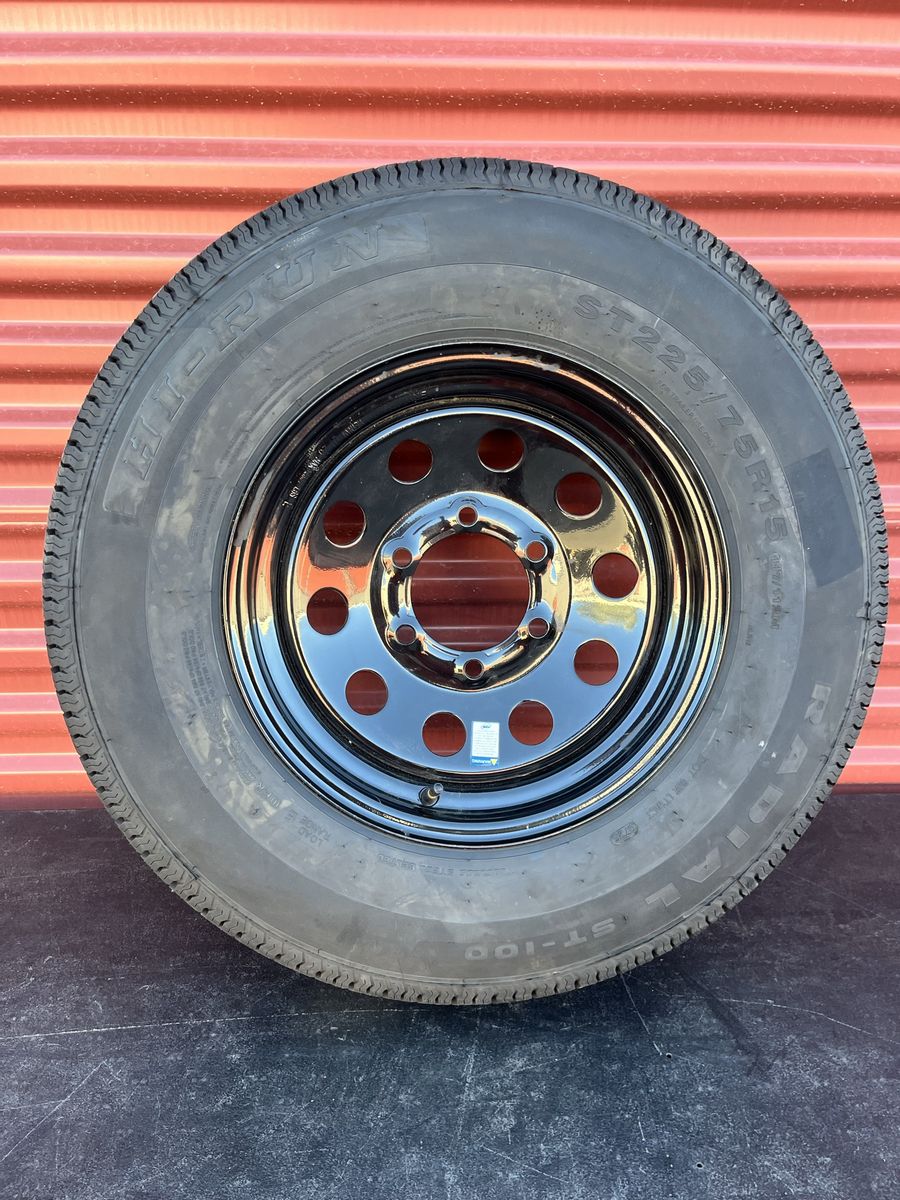 New Hi Run ST 225/75 R 15 Trailer Tire Mounted on New Black Mod Wheel              6 on 5.5 Lug Pattern