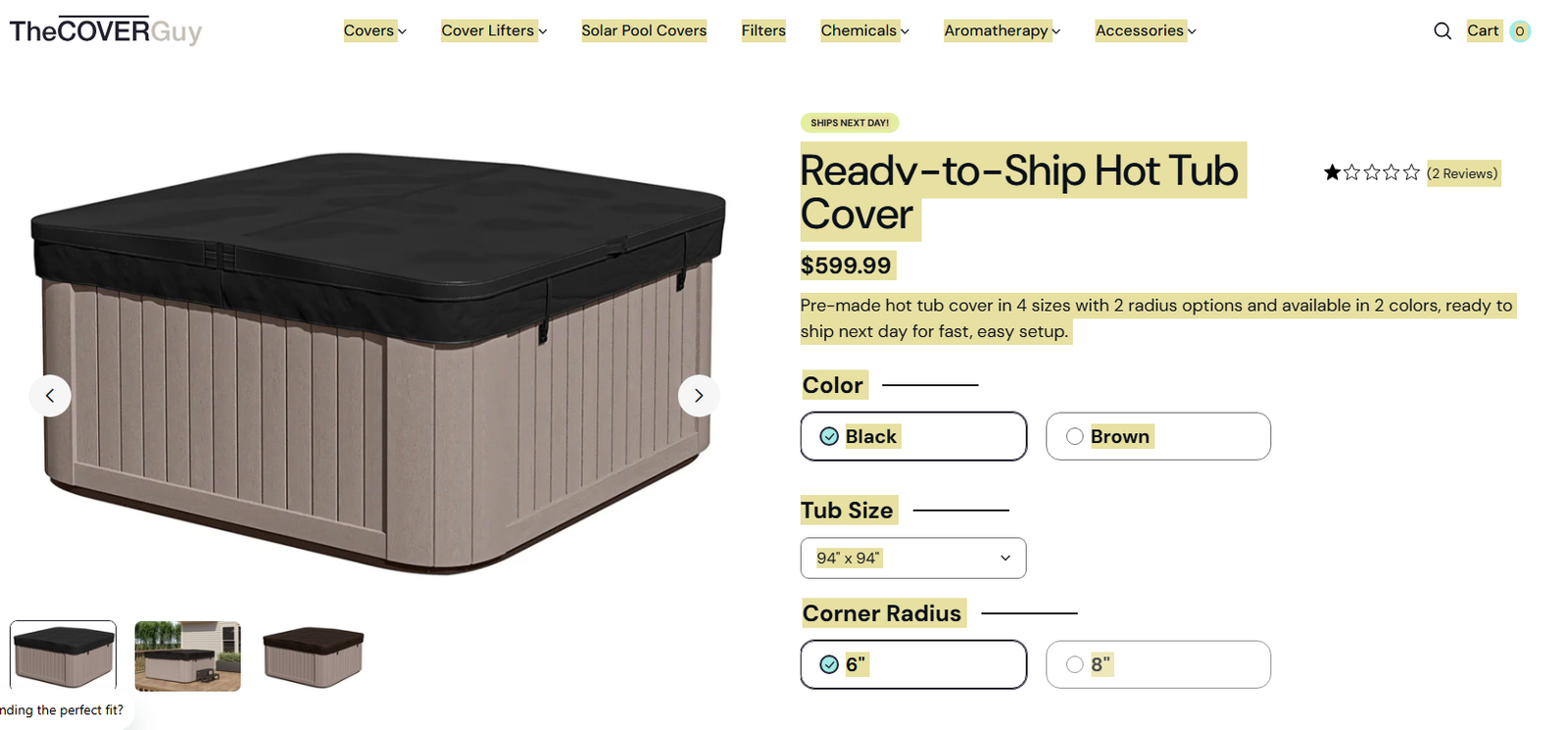 TheCOVERGuy Ready-to-Ship Hot Tub Cover - 94" x 94", 6" Corner Radius, Black