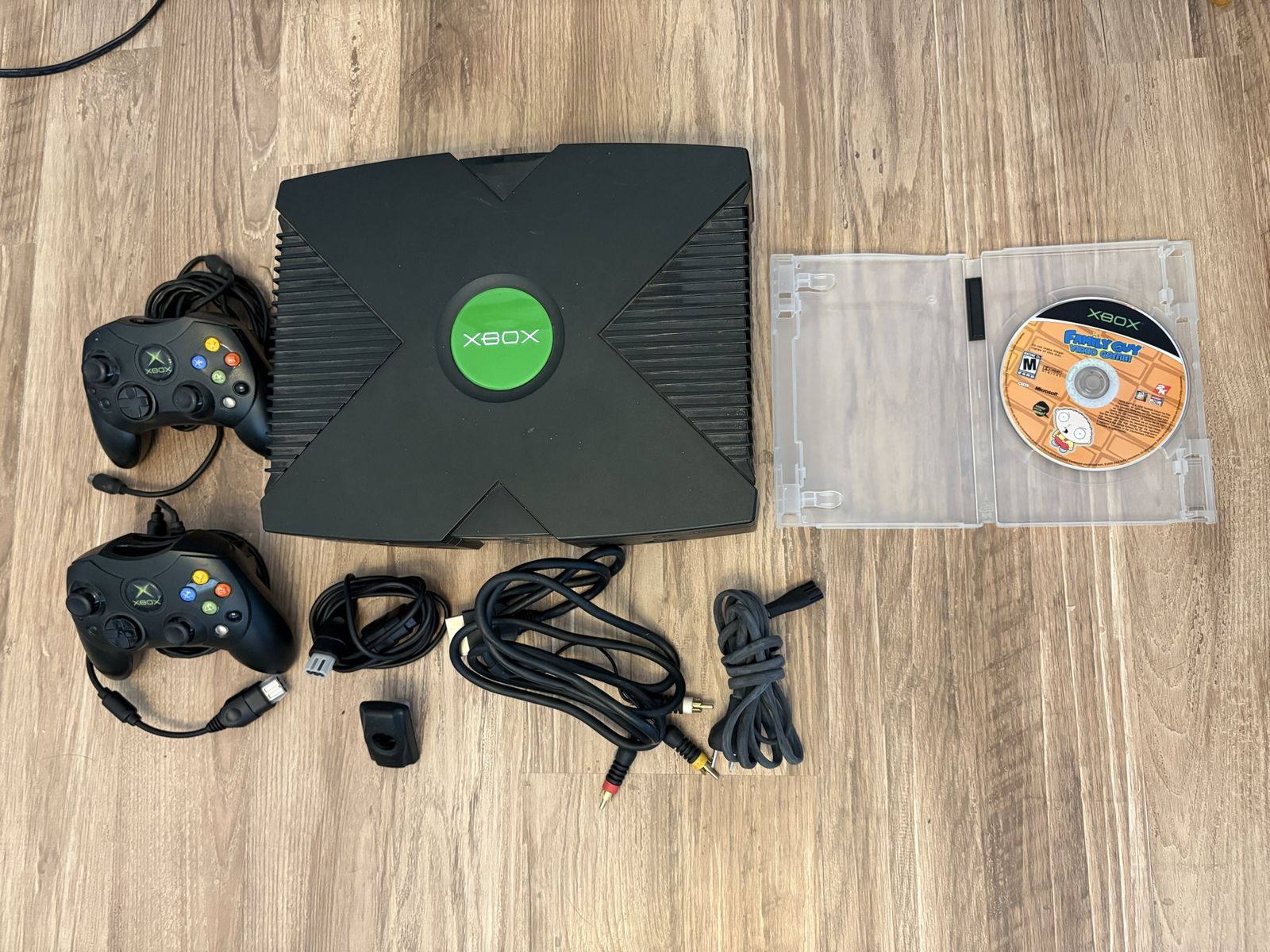 Original Xbox w/2 controllers & Family Guy Game Disc Only