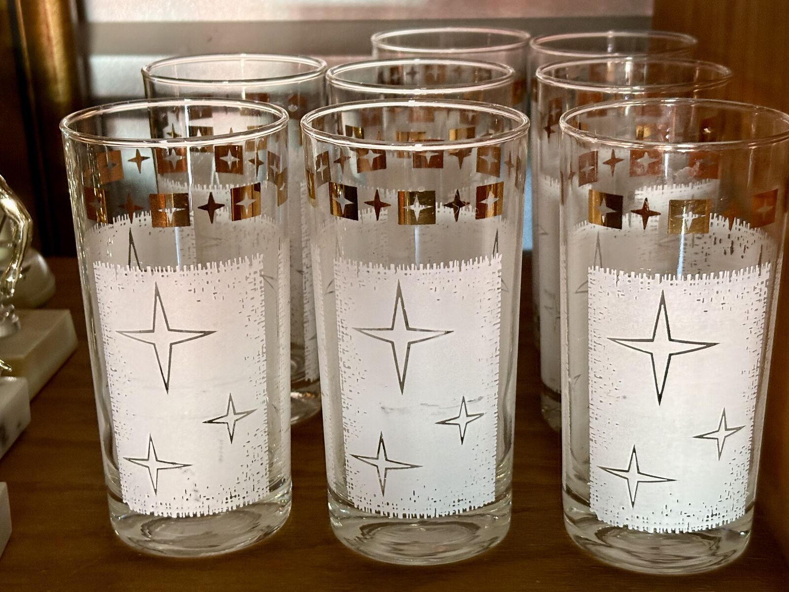 8 Vintage Atomic Starburst Cosmic Glasses White Gold Star Collins Highball Barware MCM mid century modern