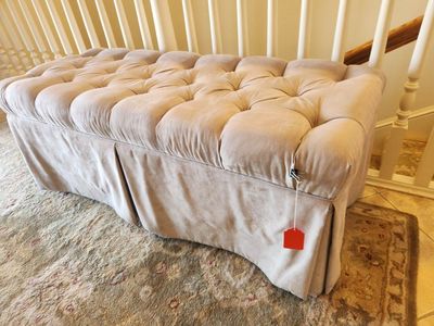 Upholstered Tufted Storage Ottoman Bench, Pail Green, Skirted Design