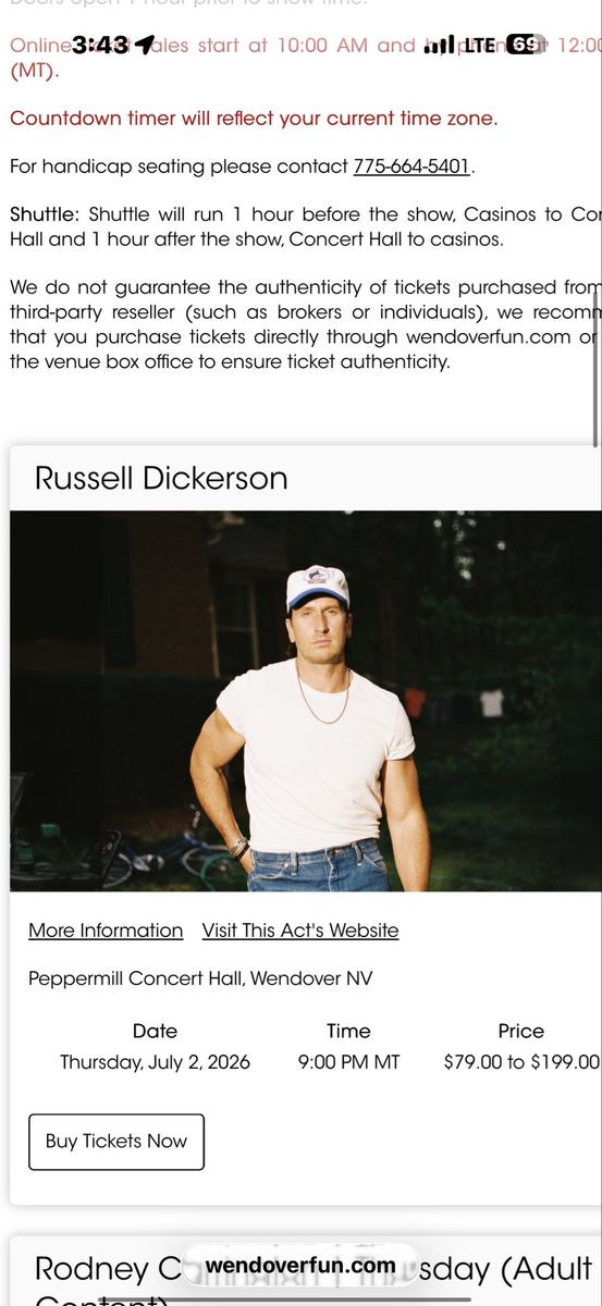 Russell Dickerson Concert Ticket - Peppermill Concert Hall, July 2, 2026, 9:00 PM MT