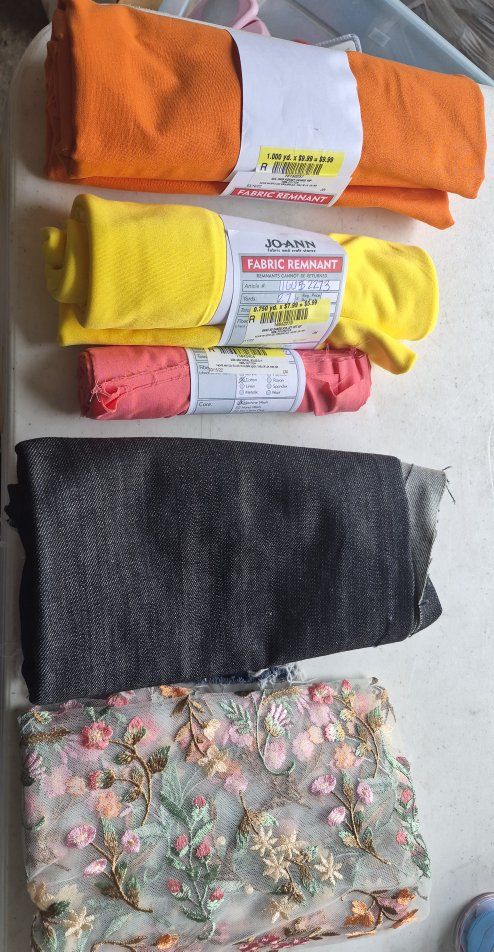 Assorted Fabric Remnants Lot - Jo-Ann Fabrics, Denim & Floral Embroidered Mesh