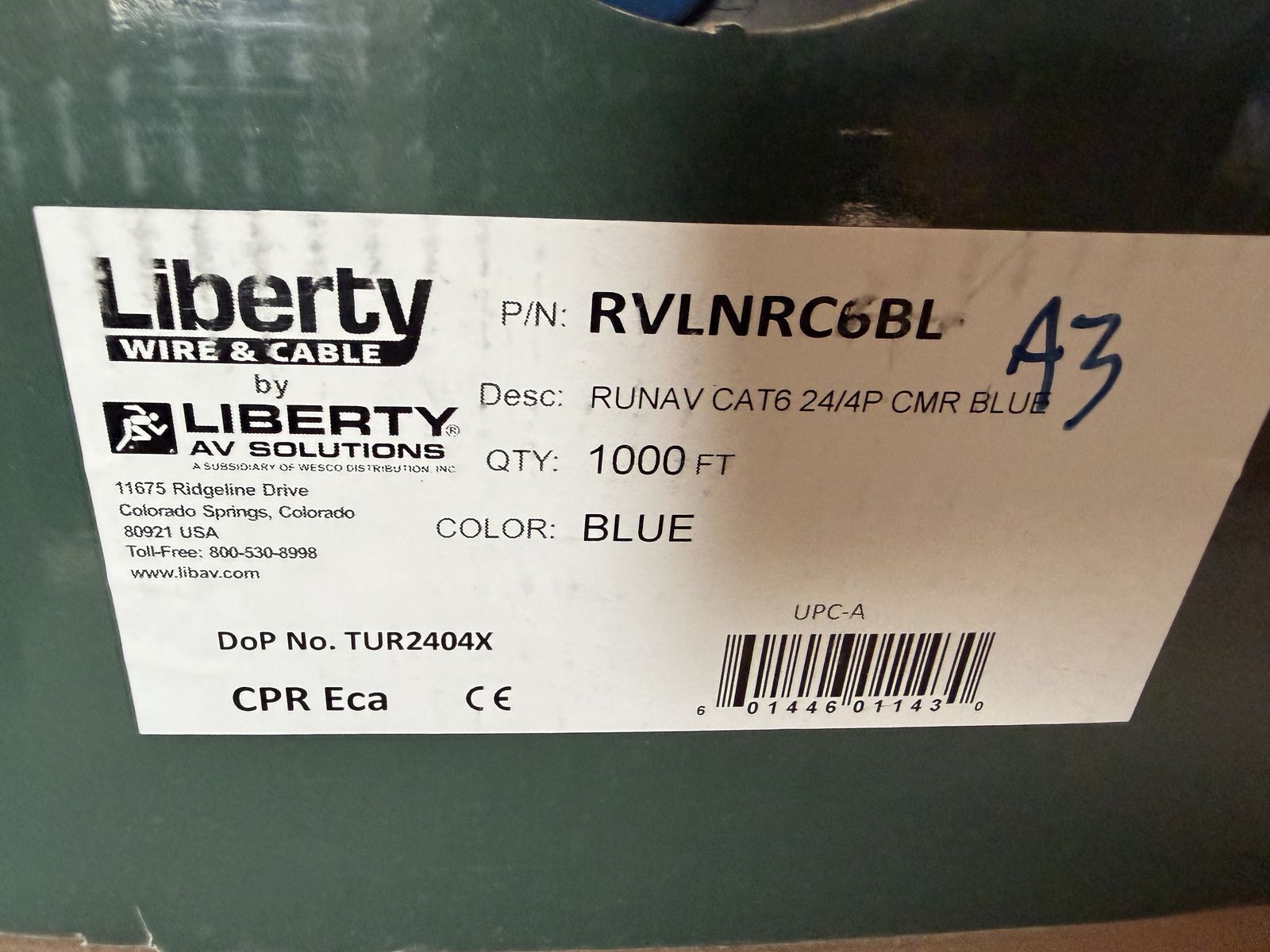 Liberty CAT6 Ethernet Cable Partial Box Blue CMR Rated
