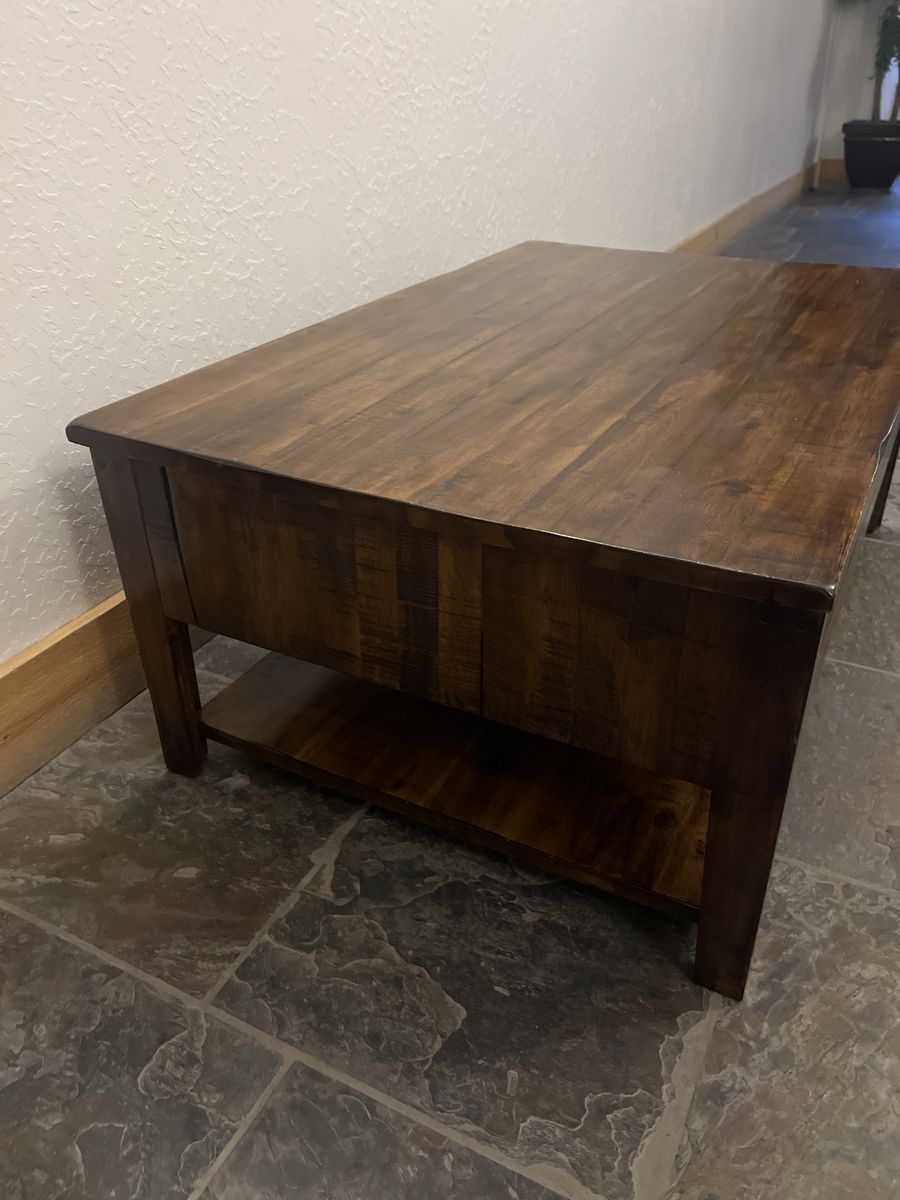 Rustic Wooden Coffee Table with Storage Drawers and Lower Shelf