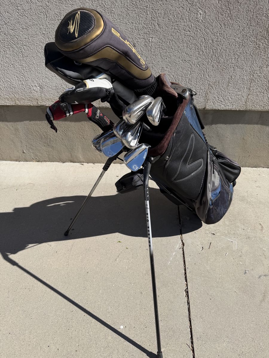 Full golf set-Titleist AP1 irons and Vokey wedges, Callaway Diablo Edge Tour woods and hybrids, Taylormade King Cobra driver