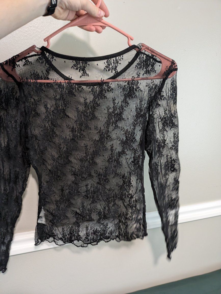 Black Floral Lace Long Sleeve Top - Size Small