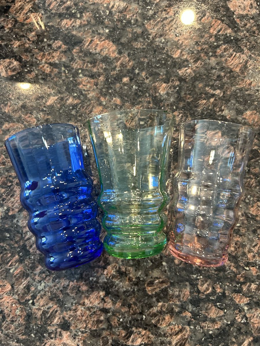Vintage Uranium Glass Tumblers - Set of 3 Ribbed Green Blue Pink Vaseline Glass