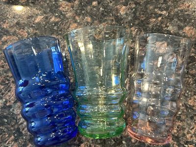 Vintage Uranium Glass Tumblers - Set of 3 Ribbed Green Blue Pink Vaseline Glass