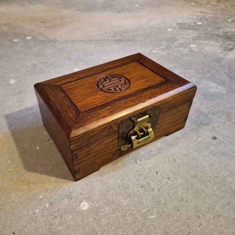 Vintage Chinese Carved Wood Jewelry Box with Brass Latch & Red Silk Interior