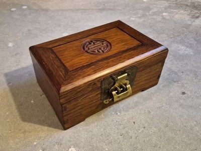 Vintage Chinese Carved Wood Jewelry Box with Brass Latch & Red Silk Interior