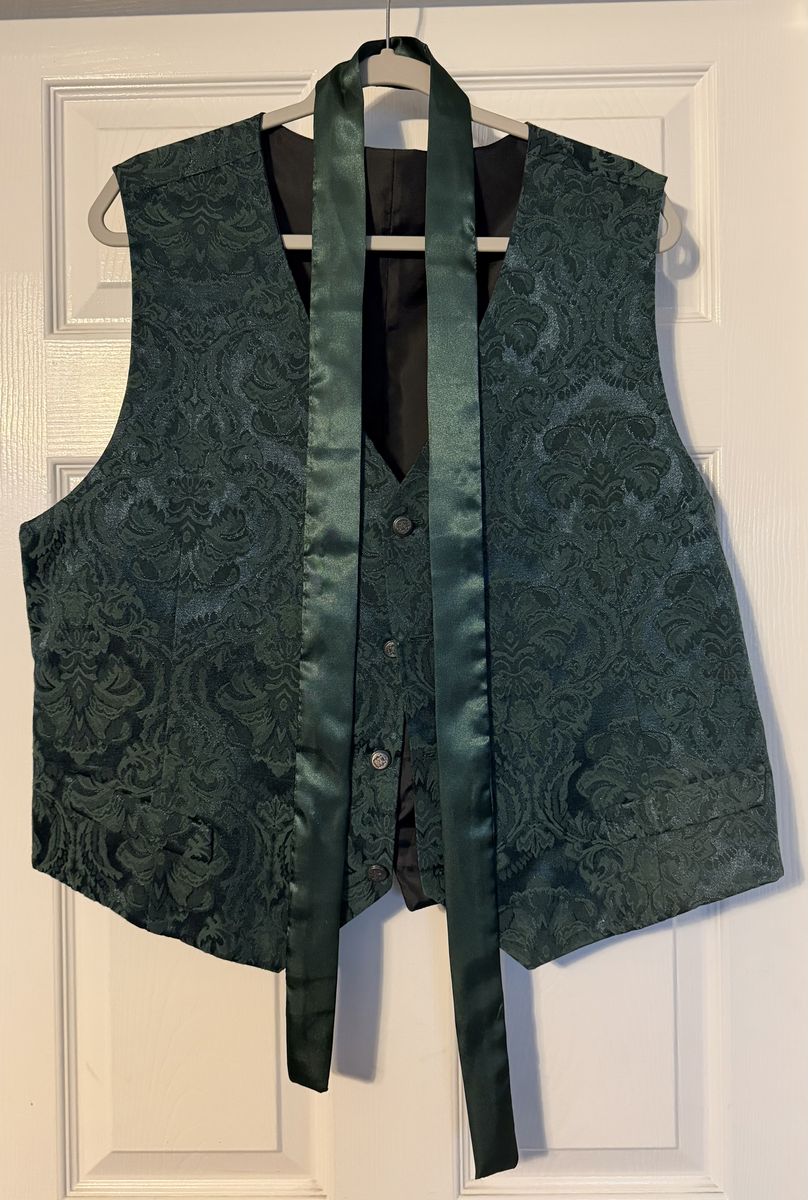 Men's Green Damask Formal Vest & Tie Set - Size L/XL