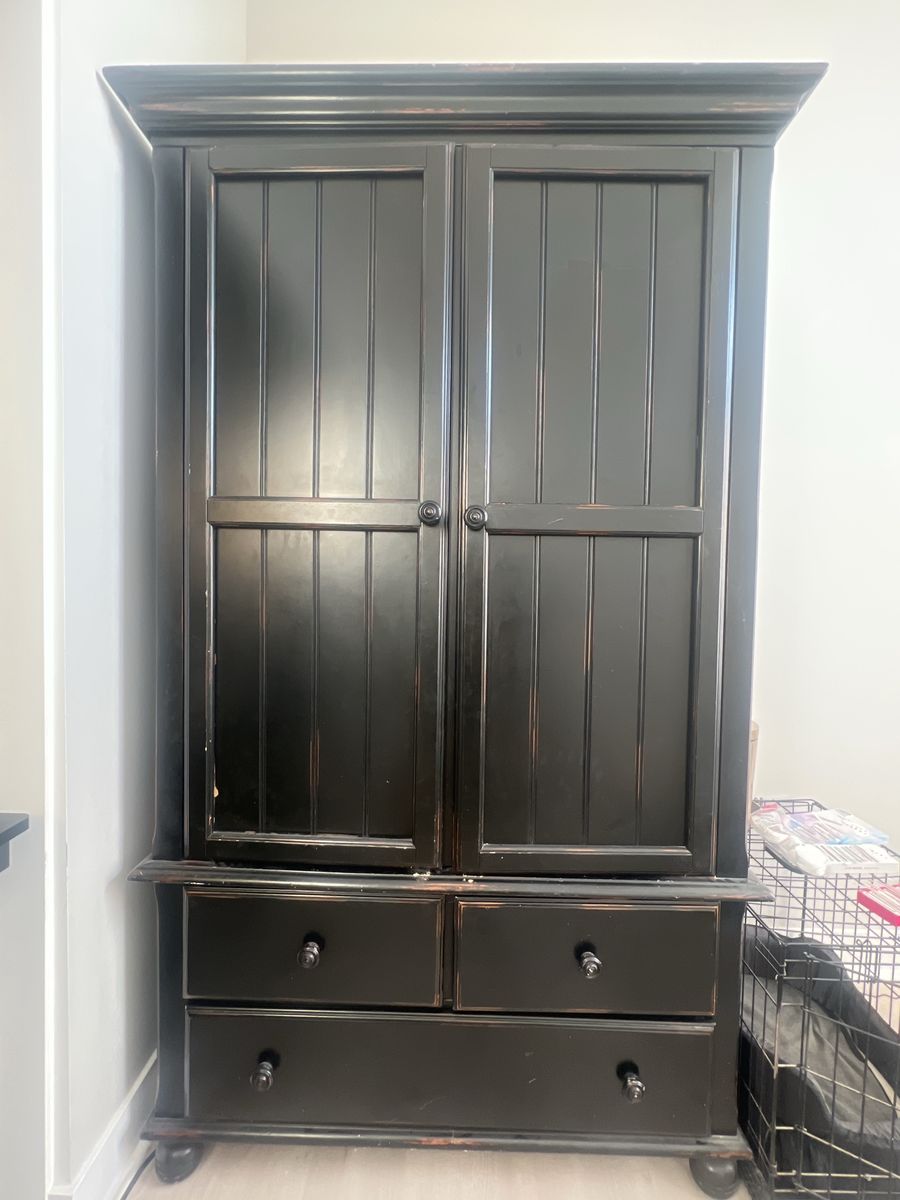 Distressed Black Armoire/Wardrobe Cabinet with TV Shelf & 4 Drawers