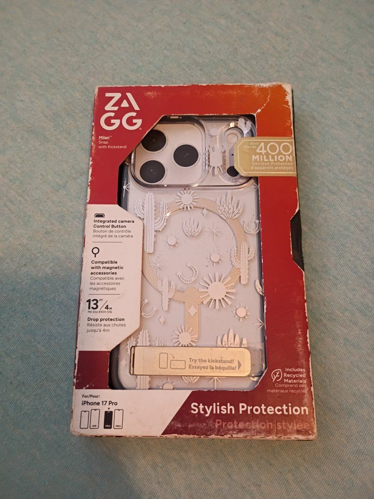 ZAGG Milan Snap iPhone 17 Pro Case Clear with Kickstand - Stylish Cactus Design