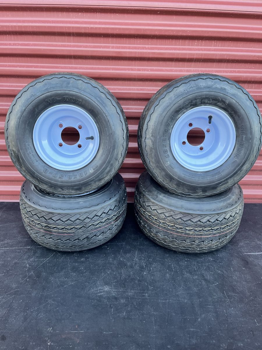 Brand New Set Hi Run 18X8.5-8 Golf Cart Tires mounted on New White Wheels     $120.00 For Set of 4
