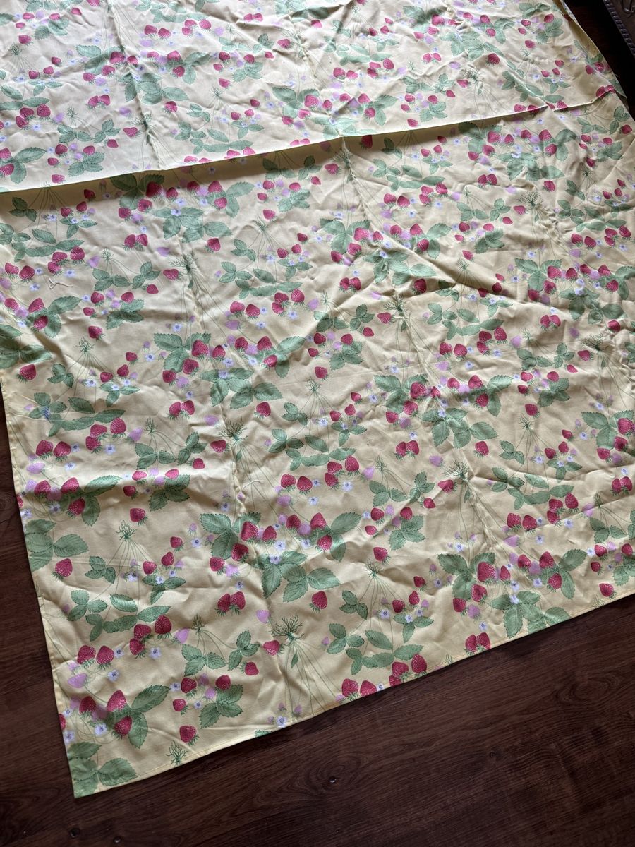 74” L X 52” W yellow with strawberries homemade tablecloth