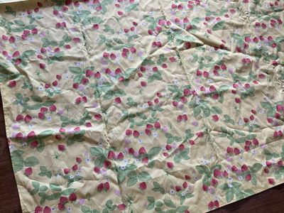 74” L X 52” W yellow with strawberries homemade tablecloth
