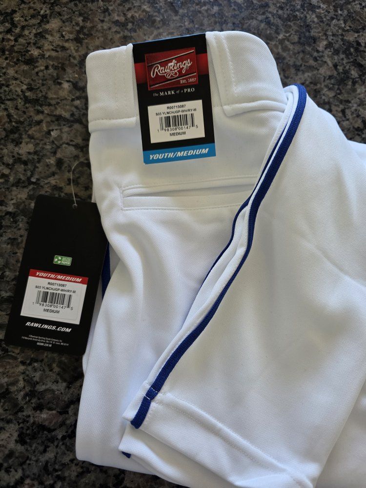 Rawlings Youth Medium Baseball Pants White/Royal Blue Piped R502 Performance Series