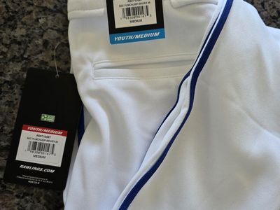 Rawlings Youth Medium Baseball Pants White/Royal Blue Piped R502 Performance Series