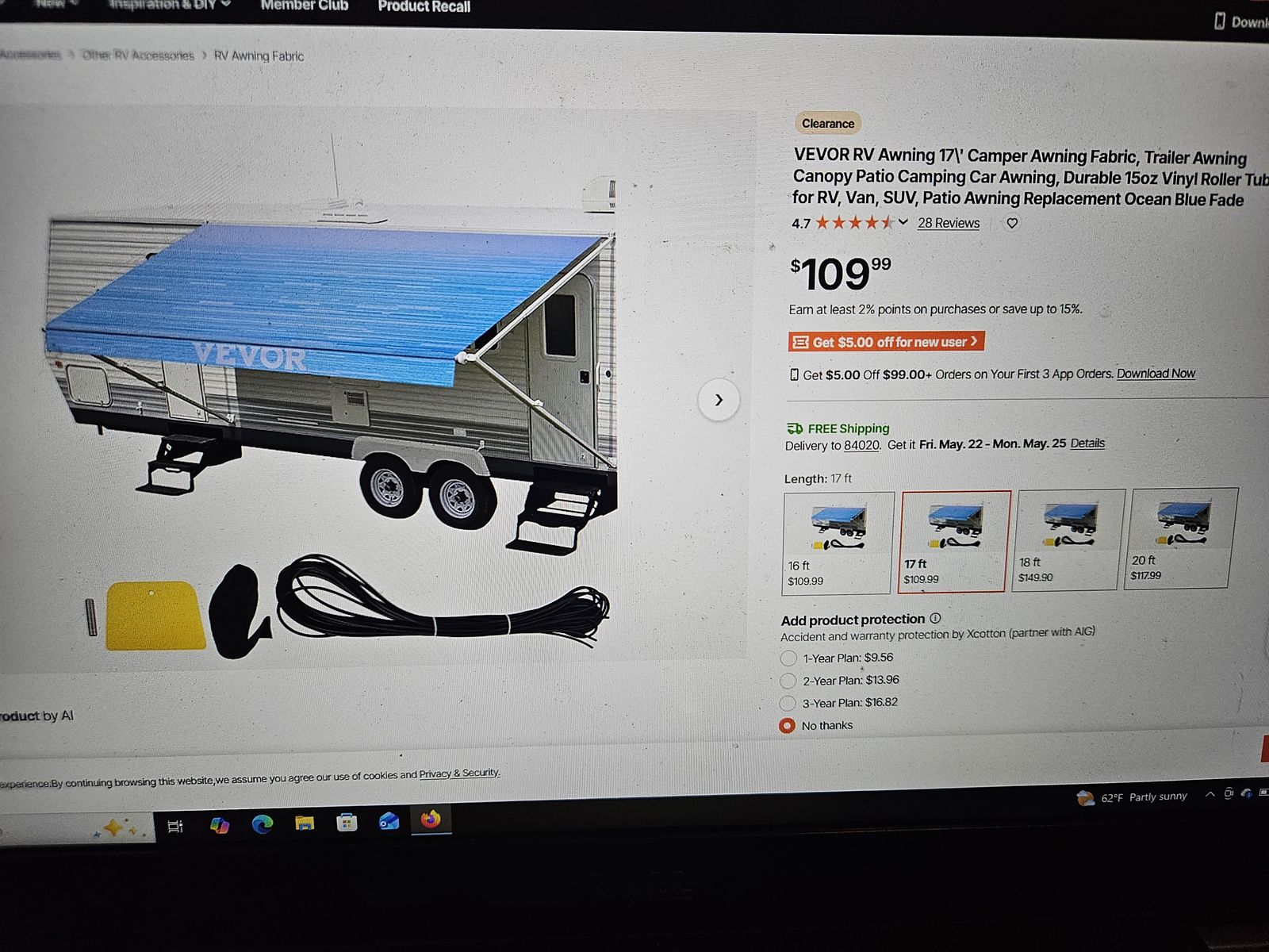 RV Awning 17\' Camper Awning Fabric, Trailer Awning Canopy Patio Camping Car Awning