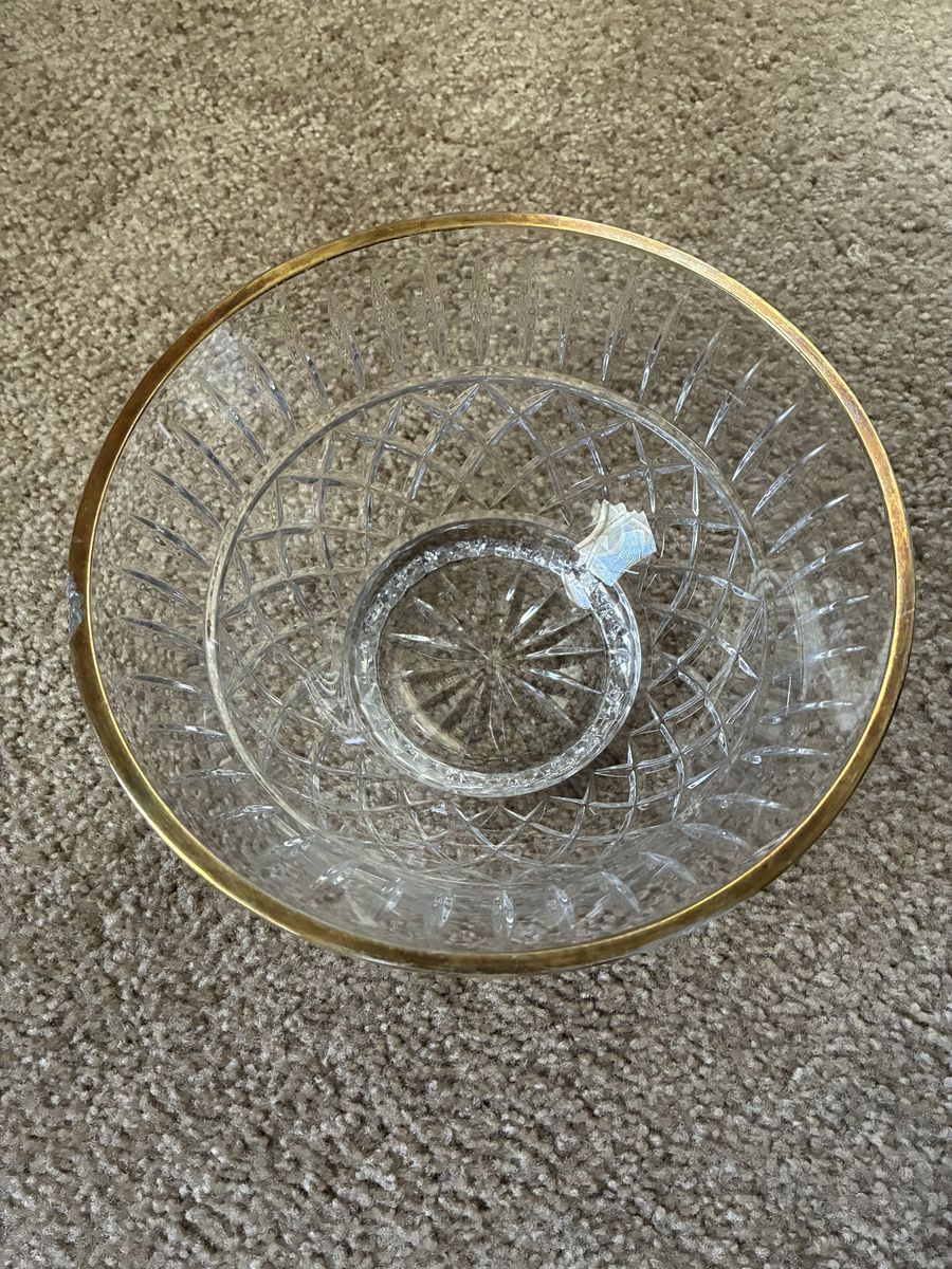 Clear Cut Glass Round Bowl, Cut Glass Pattern, Gold Rim, Clear/Gold Color