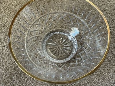 Clear Cut Glass Round Bowl, Cut Glass Pattern, Gold Rim, Clear/Gold Color