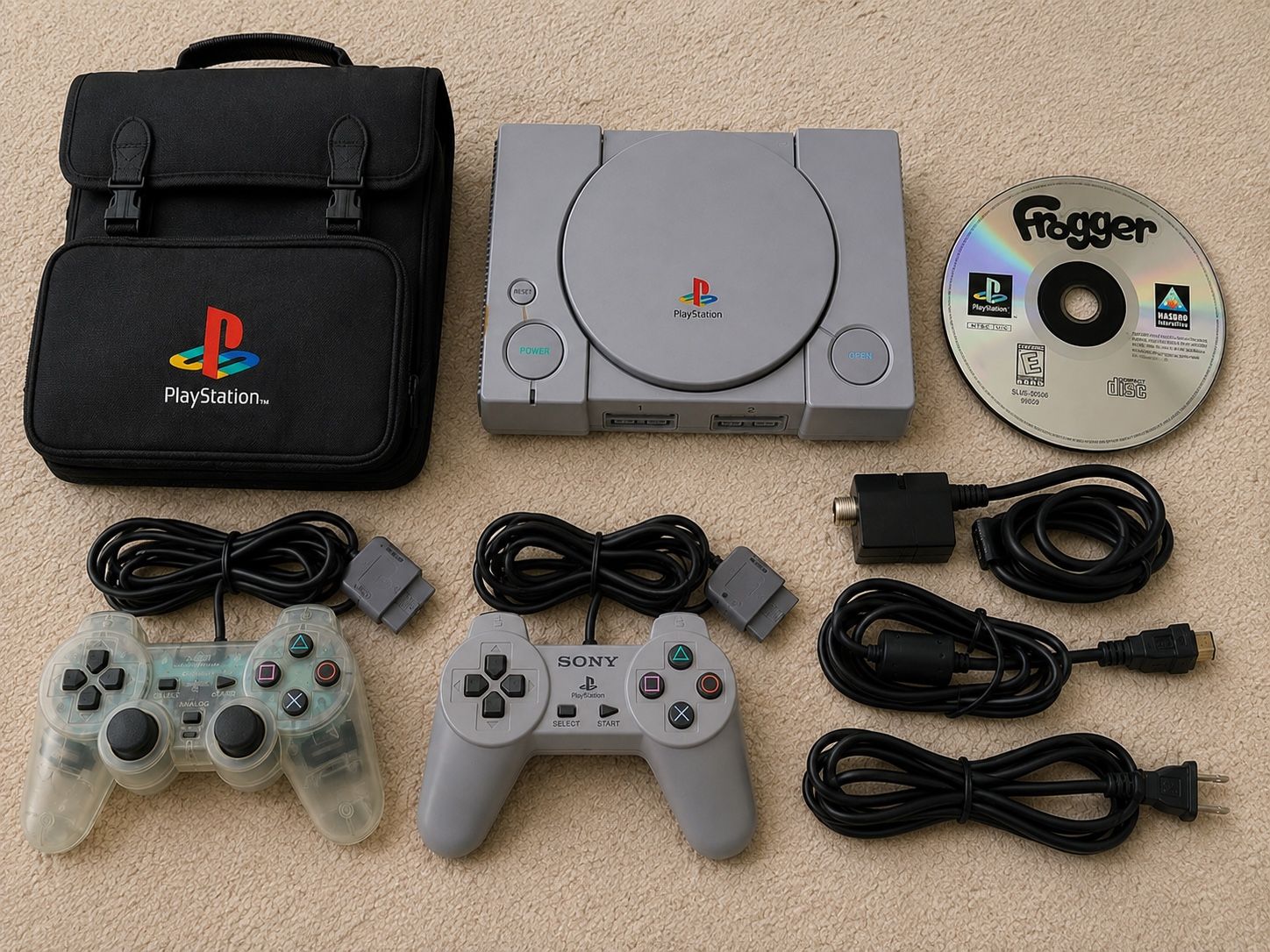 Sony PlayStation 1 PS1 Console Bundle with Carrying Bag, 2 Controllers, Cables, and Frogger Game