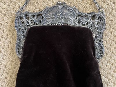 Large Ornate Antique Victorian Dark Brown Velvet Purse/Handbag with Cherubs