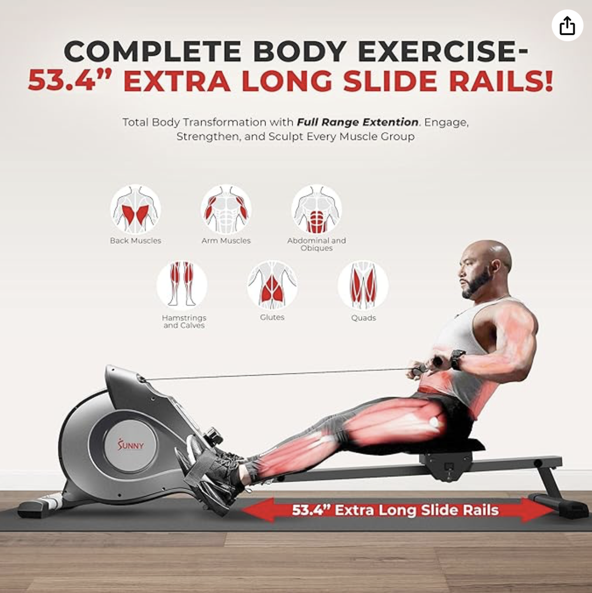 Sunny Health & Fitness Smart Magnetic Rower, Compact Quiet & Smooth Rowing Machine for Full-Body Cardio