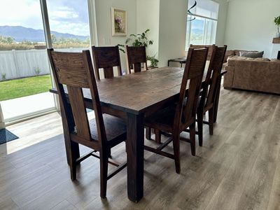 Rustic Solid Wood Dining Table & 6 Chairs - Hand-Hewn Style Dark Wood Dining Set