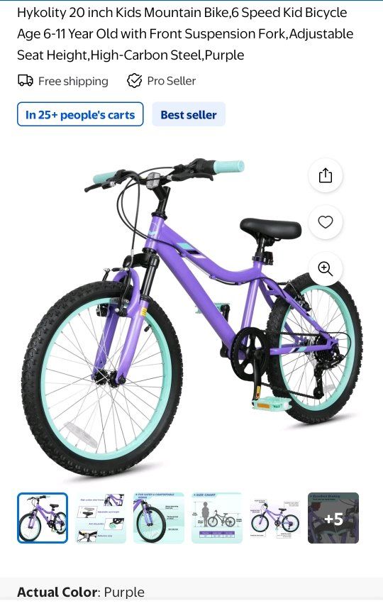 Hykolity 20" Kids Mountain Bike, 6-Speed, Purple, Front Suspension Fork, Adjustable Seat, High-Carbon Steel