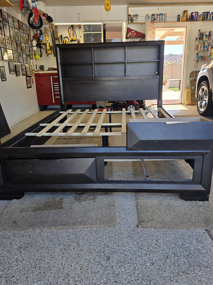 Chocolate Brown bed frame, shelved headboard, with 2 full size drawers on footboard