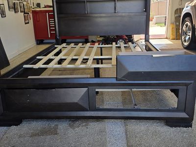 Chocolate Brown bed frame, shelved headboard, with 2 full size drawers on footboard