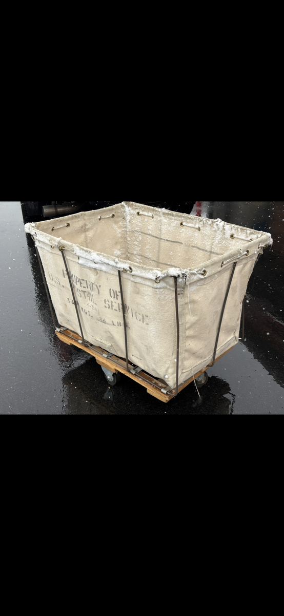 Antique Postal rolling mail cart - perfect for blankets, towels, Airbnb, cabin decor, vintage industrial cart bin