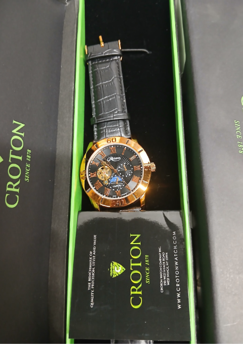 Croton Reliance Automatic Men's Watch - Black Leather Strap & Gold Tone Case-#4-Section A