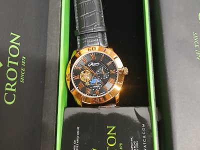 Croton Reliance Automatic Men's Watch - Black Leather Strap & Gold Tone Case-#4-Section A