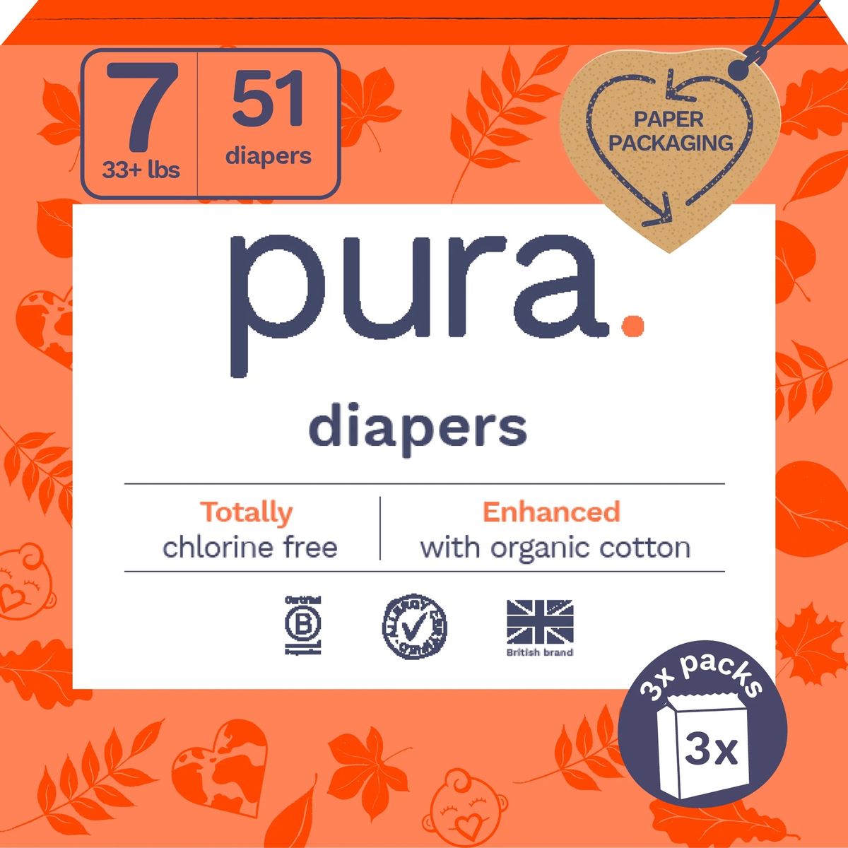 Pura Size 7 Baby Diapers 51 Count Pack $20 per box NEW Unopened Organic no chlorine sensitive skin 