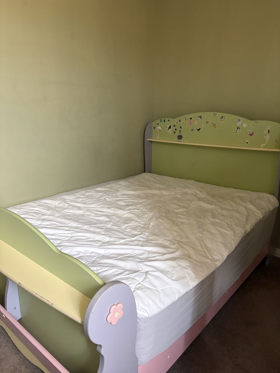 Kids Wooden Bed Frame with Headboard and Footboard - Pastel Green, Purple, and Pink