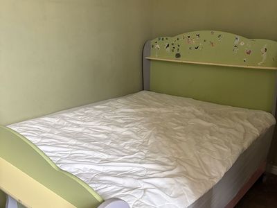 Kids Wooden Bed Frame with Headboard and Footboard - Pastel Green, Purple, and Pink