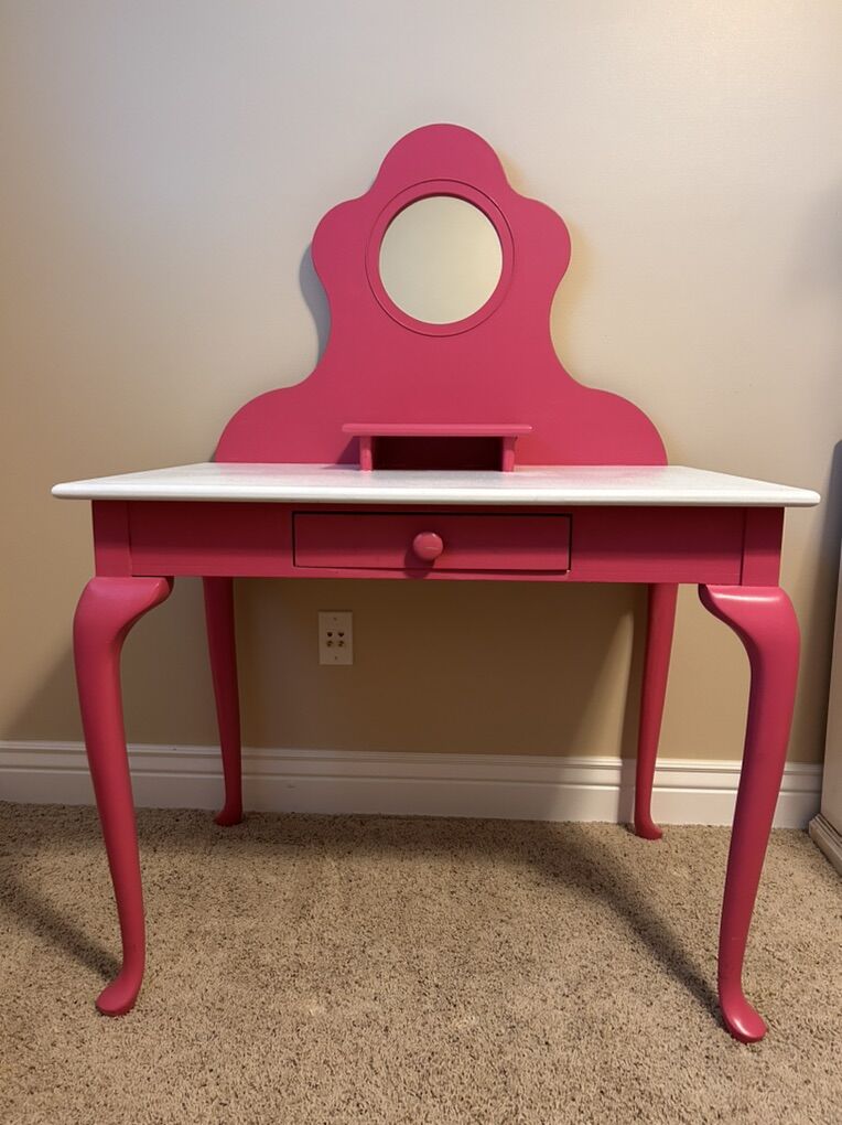 Adorable Pink & White Vanity Desk With Mirror