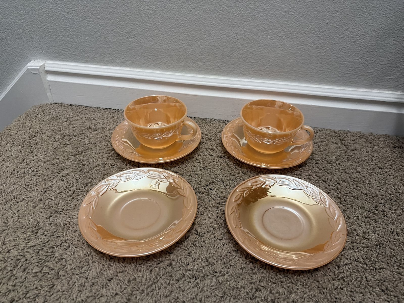 Vintage Fire King Peach Lusterware Embossed Tea Cups and Saucers - Set of 2