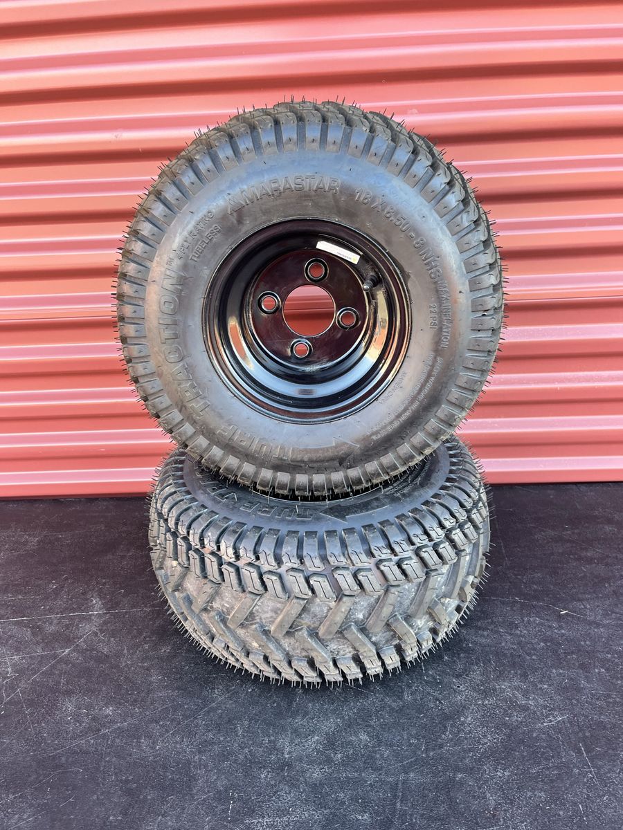 Set of 2 Marastar Turf Traction 18X8.5-8 lawn Mower Tires Mounted on New Flat Back Wheels Brand New