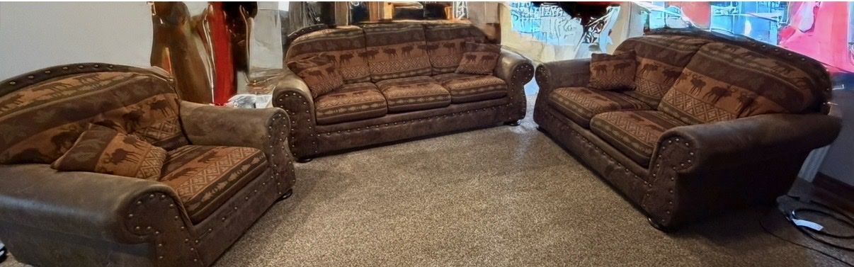 Rustic Moose & Deer Print Sofa, Loveseat, & Chair Living Room Set - Studded Faux Leather