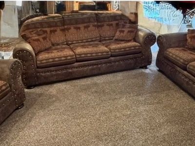 Rustic Moose & Deer Print Sofa, Loveseat, & Chair Living Room Set - Studded Faux Leather