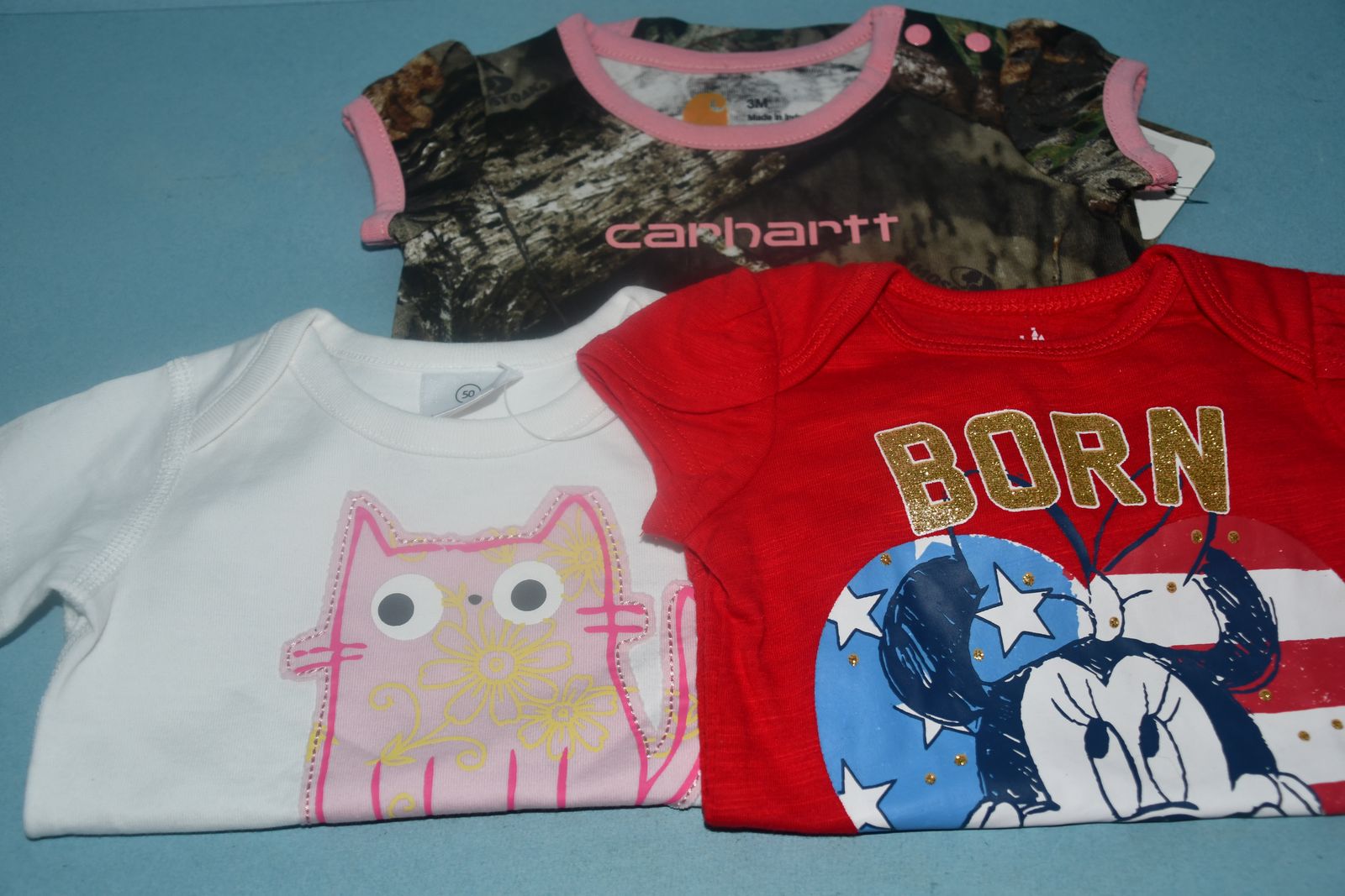 3 NWT BABY ONESIES ~ CARHARTT ~ MINNIE MOUSE ~ PINK CAT ~ SIZE 3 MONTHS ~ ALL FOR $5