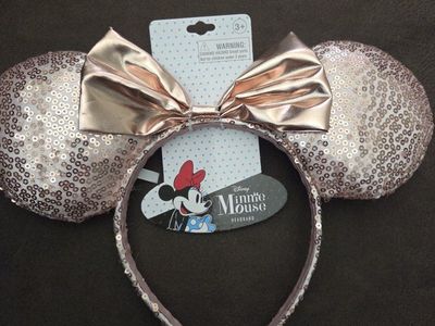 Disney Minnie Mouse Sequin Headband Rose Gold Ears Bow Adult/Child One Size New with Tags